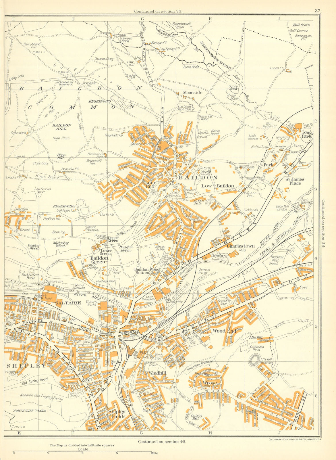 SHIPLEY Baildon Common Wood Green Low Windhill Wrose Saltaire 1935 old map
